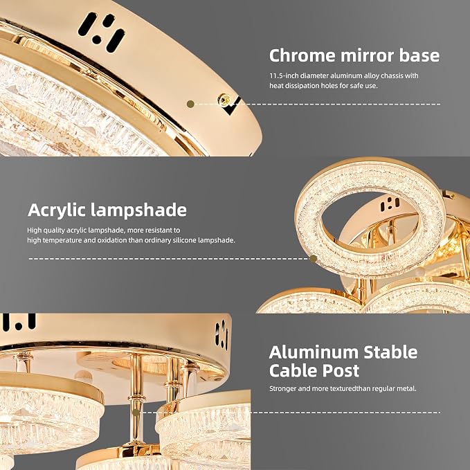 Modern Ceiling Light, 8 Rings 26.8'' Dimmable LED 106W Flush Mount Ceiling Lights with Remote Acrylic Crystal Round Ceiling Light Fixture, Bedroom Living Room Dining Room, Gold - Image 4