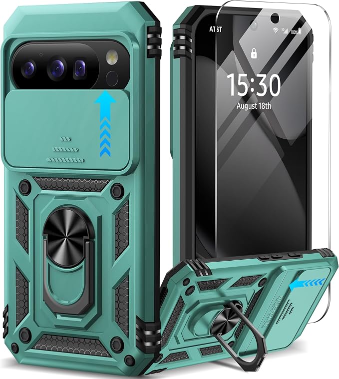 Taisairu for Google Pixel 10 Case/Pixel 10 Pro Case with Screen Protector & Slide Camera Lens Cover,Built-in Ring Stand Protective Phone Case for Pixel 10 Case/Google Pixel 10 Pro Case (Green) by Taisairu