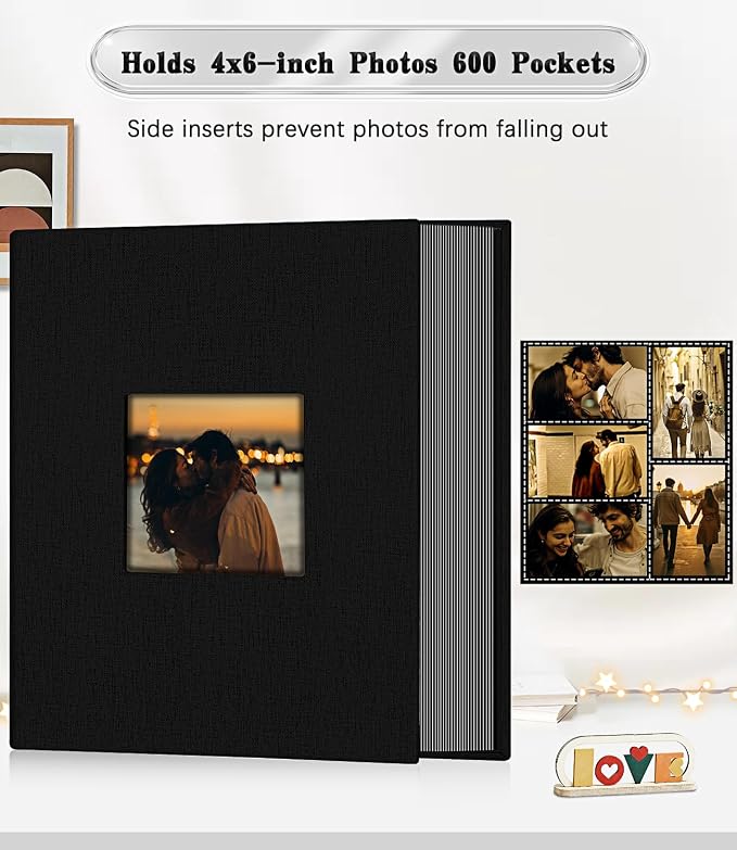 Ejblfe Photo Album 4x6,Linen Cover Slide-in Photo Album Book Can Holds 600 4x6 Photos with 60 Black Sheets for Family,Wedding,Baby and Holiday Pictures (Black) - Image 3