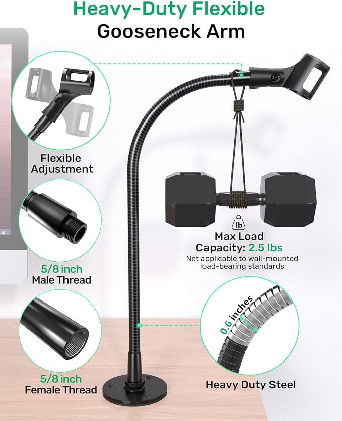 19-Inch Gooseneck Mic Stand, Podium Microphone Holder with Flange Mount | Fits Dynamic Mics, Flexible Adjustable Arm, Podium/Desk/Wall mount, for Podcast, Studio, Lecture, Gaming & Live Streaming - Image 3