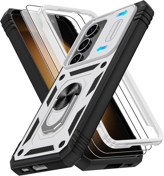 Fit for Samsung Galaxy S23 Plus+ Case with Screen Protector*2, Build in 360° Rotating Ring Kickstand, Military Grade Protective Case for Samsung S23 Plus Phone, White+Black by Gritup