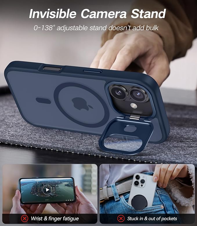 VOFATA [Upgraded] for iPhone 16 Case with Camera Cover Stand [Fit for MagSafe][9H Camera Lens Protector] Mil-Grade Protection Translucent Matte Silicone Magnetic iPhone 16 Phone Case, Blue - Image 3