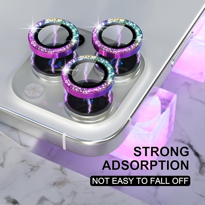 Choiche for iPhone 16 Pro/iPhone 16 Pro Max Camera Lens Protector | Ultra HD, Bling 9H Tempered Glass Camera Cover Screen Protector Metal Ring Decoration Accessories (Glitter-Colorful) - Image 5
