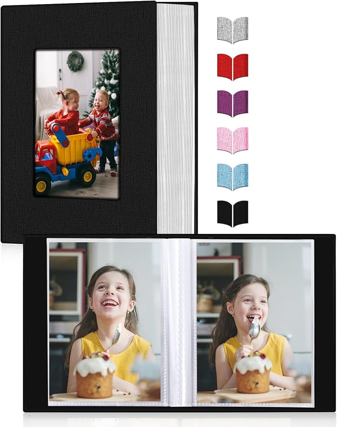 Small Photo Album 4x6,Linen Cover Slide-in Mini Photo Album Book Can Holds 100 4x6 Photos with 50 Black Sheets for Baby Family Pictures Artwork or Postcards Storage (Black) - Image 2