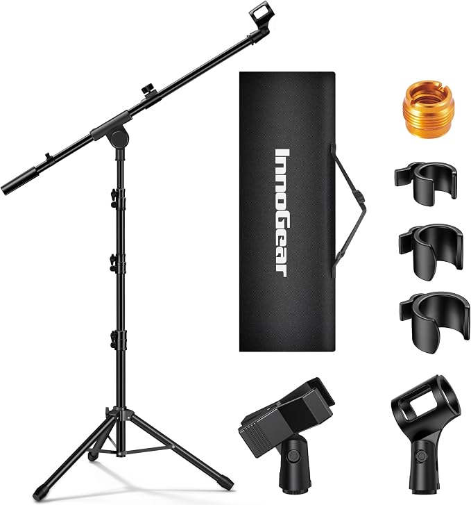 InnoGear Mic Stand Tripod Boom Arm Floor Microphone Stand Height Adjustable | Fast Assembly, Carrying Bag Included, Max Height 89.8", Work with Blue Yeti Shure Fifine, Heavy Duty, for Singing Podcast by InnoGear