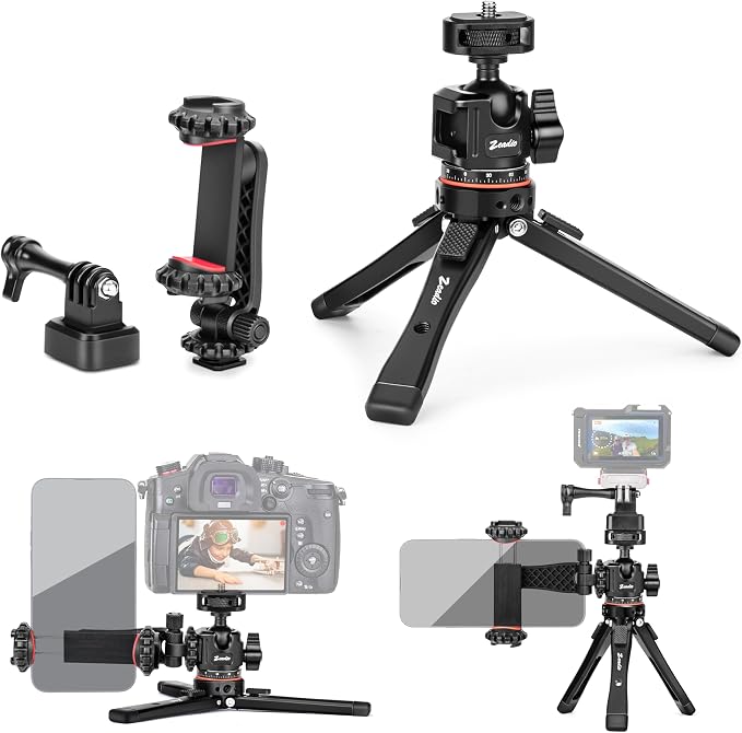 Zeadio Metal Camera Mini Tripod, with 1/4" Screw Ball Head Mount, Adjustable Heights Desktop Vlog Stand for Smooth 4 Osmo Mobile Ronin-S Vimble 2 Gimbal Handle Grip Stabilizer and All Cameras by Zeadio