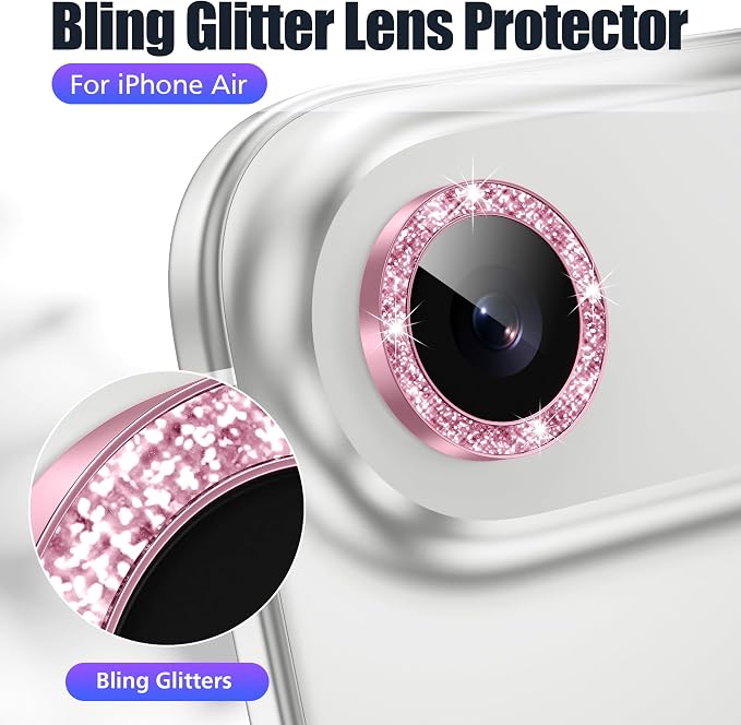 AGVEE 3+3 6 Pack for iPhone Air Camera Lens Protector Cover | Individual Bling Diamond & Bling Glitter Sparkle Cute Gem Metal Ring, 9H Tempered HD Glass - Image 5