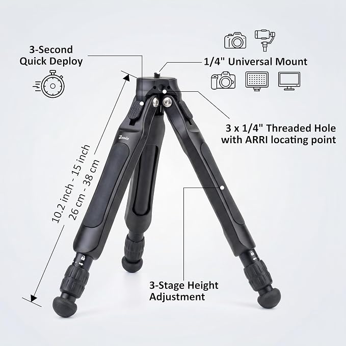 Zeadio Adjustable Camera Tripod, Portable Aluminum Tabletop Travel Tripod, 3-Stage Height Adjustable, 5kg Load Capacity, with 1/4" Mount for DSLR, Gimbal, Smartphone, Action Camera etc - Image 2