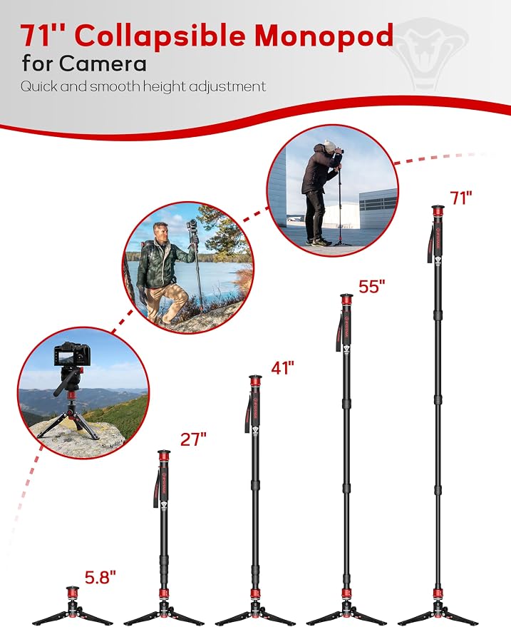 IFOOTAGE Cobra 3 A180T Aluminum Camera Monopod 71" | Telescopic Video Monopod with Feet Compatible with Sony Canon Nikon DSLR Cameras, Payload 17.6lb - Image 5