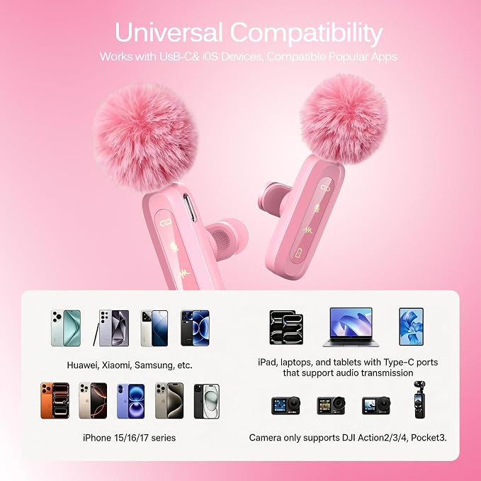 Pink Wireless Lavalier Microphone for iPhone/Android, 60ft Transmission, Record While Charging, Ultra-Long Battery Life, Noise Reduction, Plug & Play, for Vlog TikTok YouTube (Pink) - Image 6