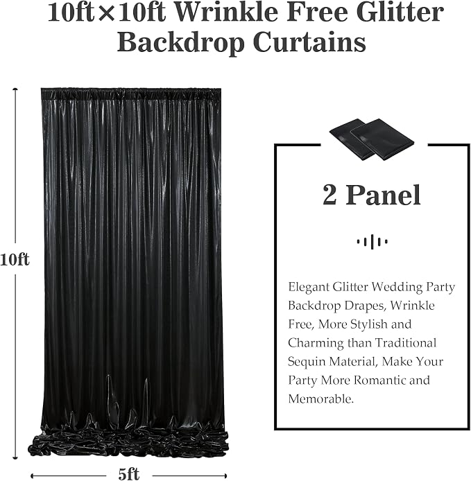 Outpain Thick 10 ft x 10 ft Black Sequin Backdrop Curtain for Parties, Wrinkle Free Glitter Photo Backdrop Drapes 2 Panels 5x10ft Black Back Drop Cloth for Wedding Christmas Photography Background - Image 6