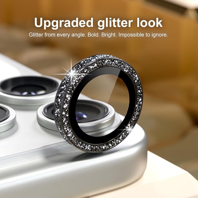 Misea Camera Lens Protector for iPhone 17 Pro Max/17 Pro, Black Glitter | Bling Upgraded Look, 9H Tempered Glass Individual Metal Camera Cover, Anti-Scratch, for iPhone 17/16/15/14 Pro Max/Pro - Image 2