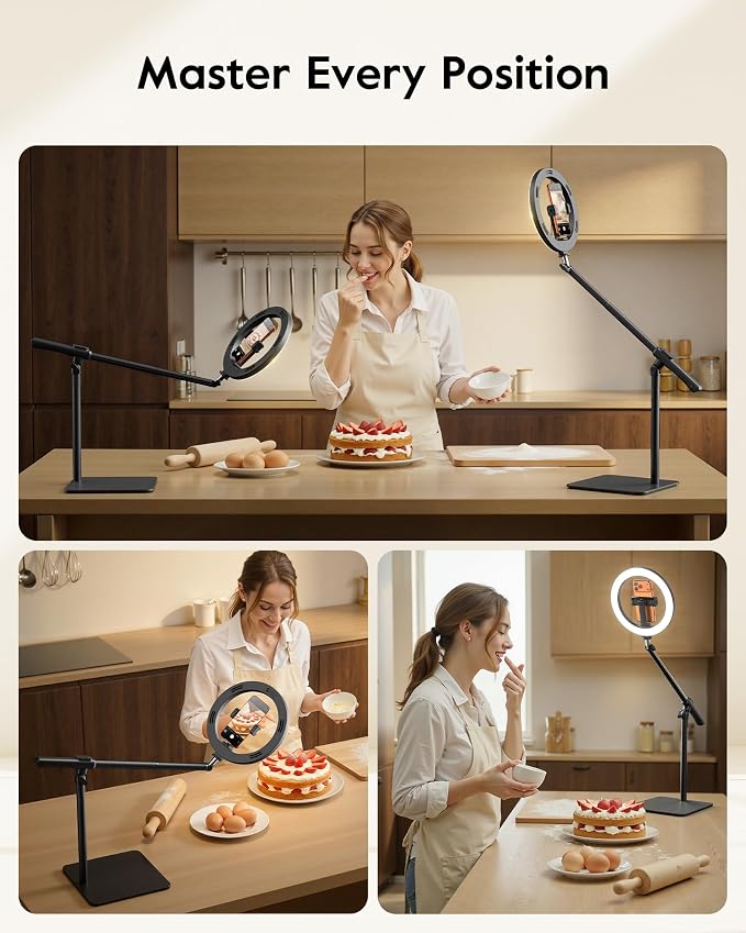 LUXSURE Ring Light with Stand for Desk,Adjustable Overhead Phone Mount with 10" Selfie Light Phone Tripod with Ring Light and Remote, Phone Stand with Light for Video Recording,Live Stream,Cooking - Image 2