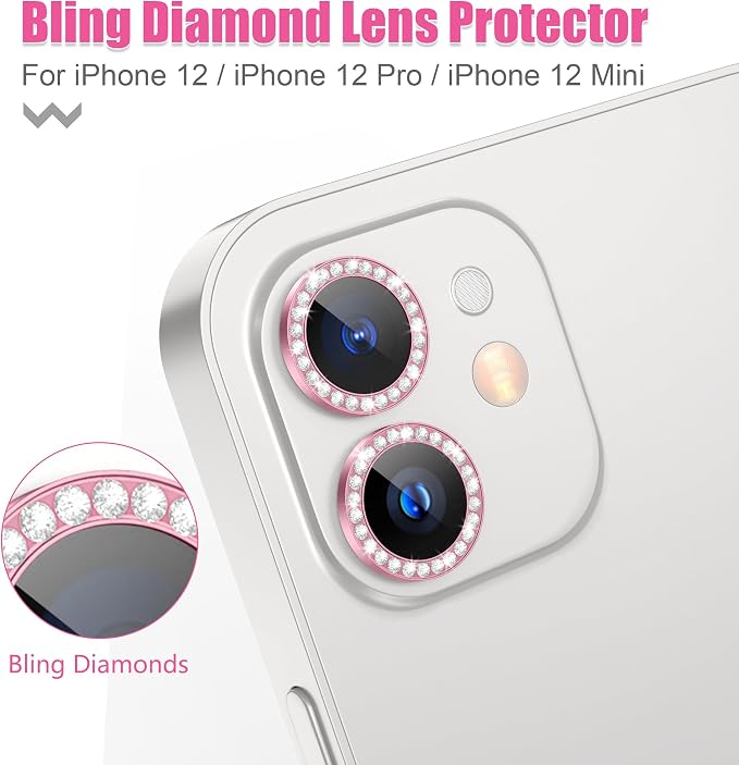 AGVEE 3+3 6 Pack for iPhone 12 & Mini & Pro Camera Lens Protector Cover | Individual Bling Diamond & Bling Glitter Sparkle Cute Gem Metal Ring, 9H Tempered HD Glass - Image 4