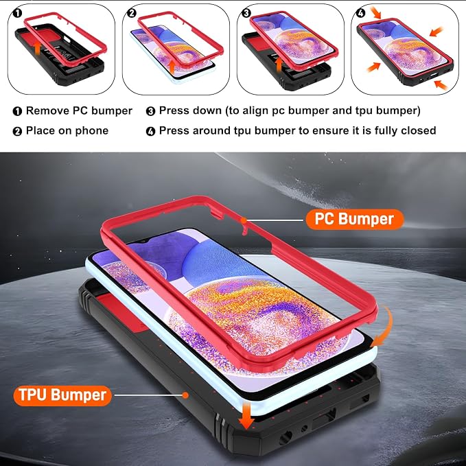 Gritup for Galaxy A23 5G Case Military-Grade Shockproof with Kickstand | (   ) with 2 PCS Screen Protector, Slide Camera Cover, Heavy Duty Funda para A 23 5G Cover, Red+Black - Image 4