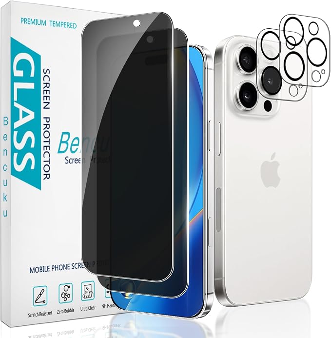 2+2 Pack Privacy Screen Protector for iPhone 16 Pro Tempered Glass | Anti-Spy Privacy Protection, with Camera Lens Protector, Anti Scratch, Bubble Free by Bencuku