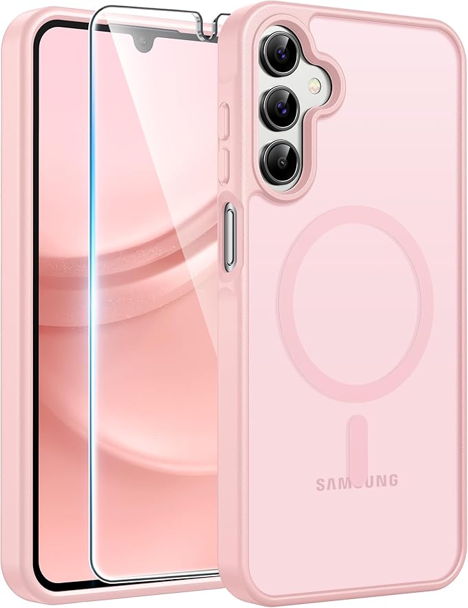 FNTCASE for Galaxy A15 5G Phone Case, Screen Protector, Light Pink | Translucent Matte Magnetic Back, 14FT Military Grade Drop Protection, Shockproof Protective, for Samsung A 15 Cover by FNTCASE