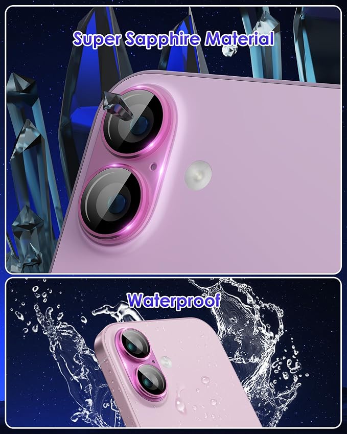 Compatible for iPhone 17 /iPhone 16 /iPhone 16 Plus Camera Lens Protector Metal Plus Aluminium Alloy Ring 9H Tempered Glass Screen Case Friendly Camera Cover Pink - Image 3