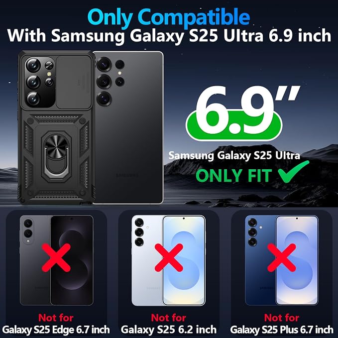 Taisairu for Samsung Galaxy S25 Ultra Case with Screen Protector & Slide Camera Lens Cover, Built-in Magnetic Ring Stand Shockproof Protective Phone Case for Samsung S25 Ultra Case (Black) - Image 9