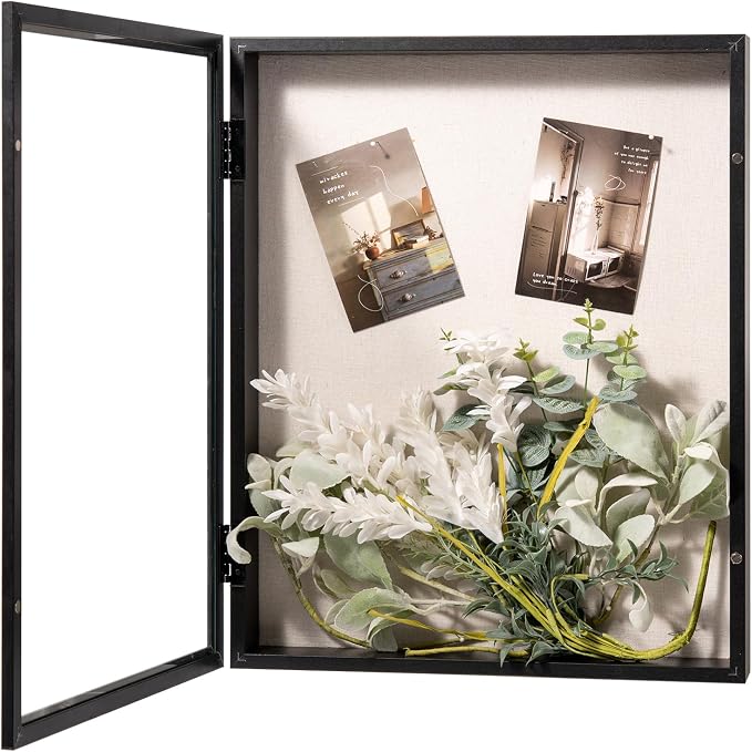 Muzilife 16x20 Shadow Box Wood Picture Frame, 2.16 Deep, Real Glass, Black | FSC-Wood, Magnetic Door, Linen Interior & Pins, Vertical, Horizontal Wall Hanging, Display Case Frame for Photos & Keepsakes by Muzilife