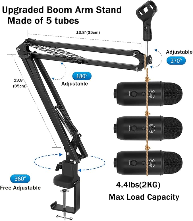Heavy Duty Adjustable Boom Arm Microphone Stand | Includes pop filter, mic mounts and 1/4", 3/8", 5/8" adapters; compatible with Blue Yeti and HyperX QuadCast for broadcast. - Image 2