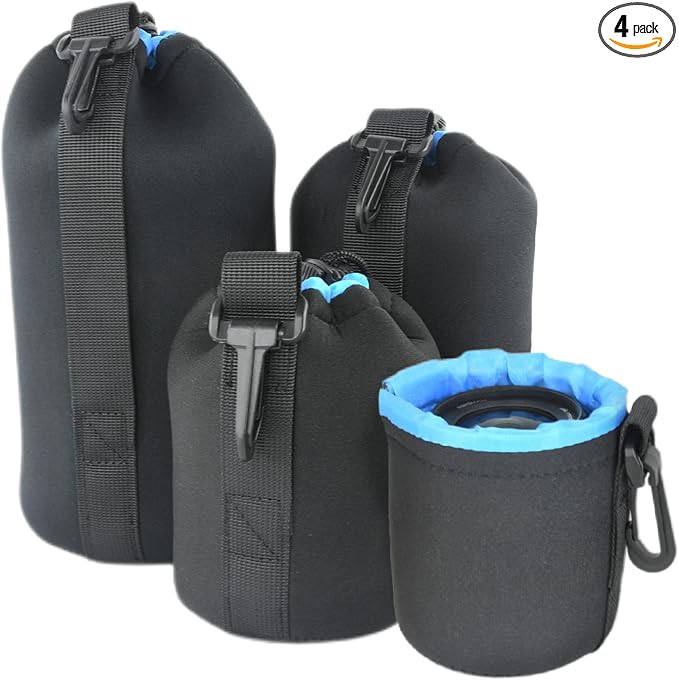 Foto&Tech 4 Pieces 5mm Extra Thick Neoprene Lens Bag Pouch with Adjustable Drawstring and Swivel Clip Compatible with DSLR SLR Camera Lenses (S, M, L, XL) by FOTO%26TECH