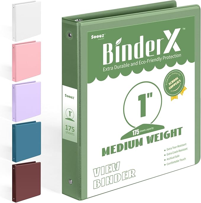BinderX 3 Ring Binder 1 Inch, 1" Clear View Binder, Olive Green, Letter/ A4 | Extra Durable, PVC-Free, Customizable, Interior Pockets, 175-Sheet Capacity, Eco-Friendly, Reinforced Hinge, School, Office by Sooez