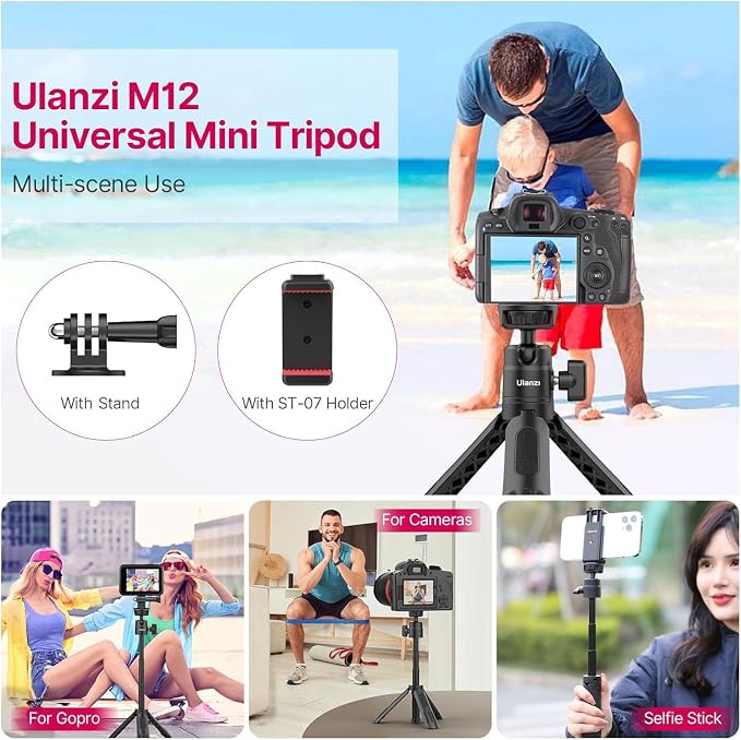 ULANZI M12 Selfie Stick for Action Camera, Portable Phone Tripod Stand with Phone Mount Action Camera Adapter 360° Ball Head, Mini Hand Grip Compatible with GoPro Hero series Smartphone DJI OSMO GoPro - Image 4