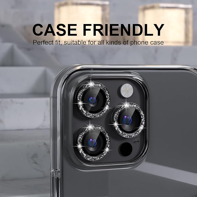 Choiche for iPhone 16 Pro/iPhone 16 Pro Max Camera Lens Protector | Ultra HD, Bling 9H Tempered Glass Camera Cover Screen Protector Metal Ring Decoration Accessories (Glitter-Black) - Image 3