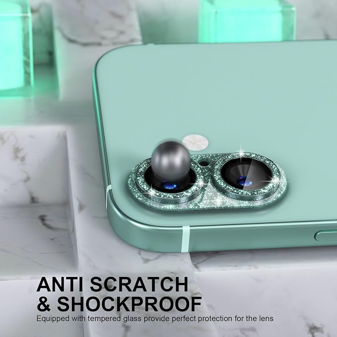 Choiche for iPhone 16 /iPhone 16 Plus Camera Lens Protector, Glitter-Teal | Bling Metal Camera Cover with 9H Tempered Glass Lens Screen Protector Accessories, Strong Adsorption, Case-Friendly - Image 3