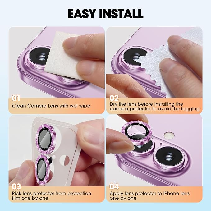 for iPhone 16/16 Plus Camera Lens Protector Bling Glitter, Pink | Individual Metal, 9H Hardness, Scratch Resistant, Shockproof, Drop Protection, Case Friendly, Stylish Accessories - Image 7