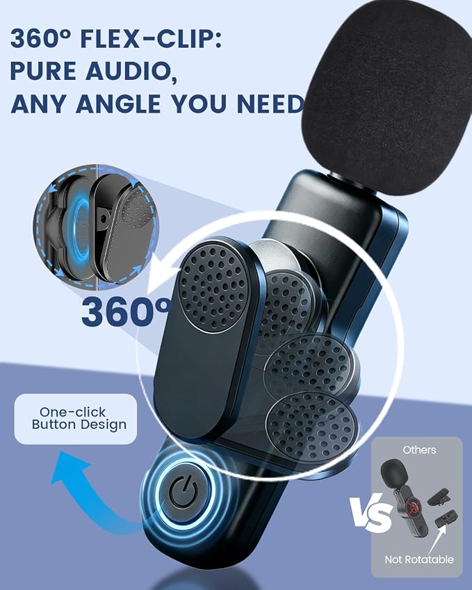 Wireless Microphone for iPhone & Android, 2-Pack Mini Lavalier Mic | 2 magnetic clip-on mics with noise reduction, 360° rotating clips, up to 70 ft range, and 16 hours of combined battery life - Image 4