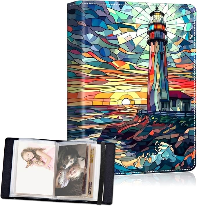 Small Photo Album 5x7, 60 Pockets Holds 120 Photos, Slip-in Pocket Photo Album with Black Elastic Band for Family Wedding Baby Travel Pictures, A Colorful Majestic Lighthouse by Unknown