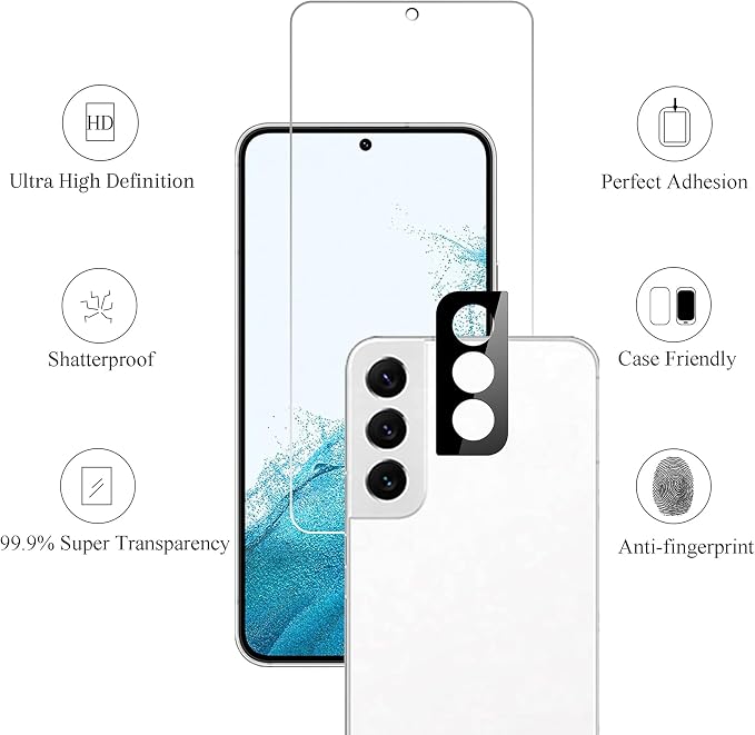 Ailun Screen Protector + Camera Lens Protector for Galaxy S22, 3+3 Pack | Tempered Glass, Fingerprint Unlock Compatible, Clear, Case Friendly - Image 4