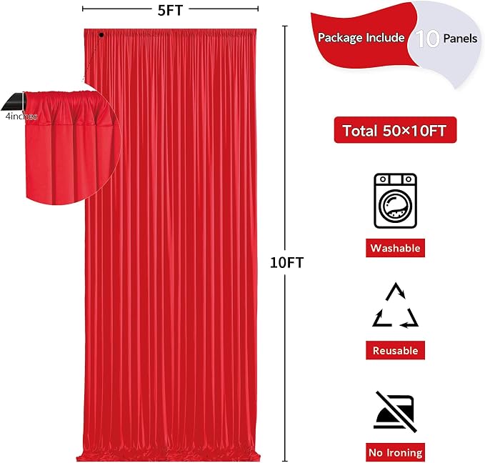 50ft x 10ft Wrinkle Free Red Backdrop Curtains for Parties, Polyester Photo Backdrop Drapes 10 Panels 5x10ft for Weddings Birthday Party Christmas Photography Background - Image 5