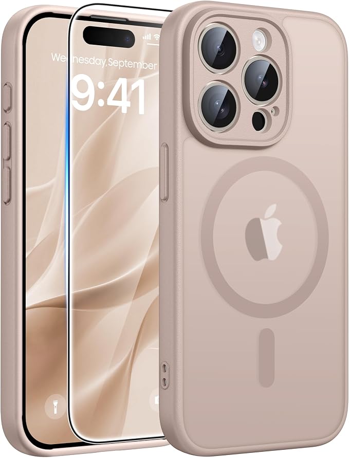 FNTCASE for iPhone 15 Pro Case, Fit for Magsafe, Screen Protector | Full Camera Protection, Translucent Matte, 14FT Military Grade Drop Proof, Shockproof Protective Phone Cover, Desert Gold by FNTCASE