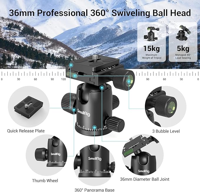 SmallRig CT-20 Camera Tripod, 78.7" Foldable Aluminum Tripod & Monopod, 360°Ball Head Detachable, Payload 33lb (200cm/78.7") - Image 3