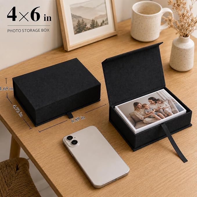 Vienrose Small Photo Storage Box, 4"x6", Linen Postcard Keeper, Black | 1Pc Sturdy Linen Cover Box for Photos, Postcards & Sticker Storage, Perfect for Home, Office, Craft Room, and Travel - Image 2