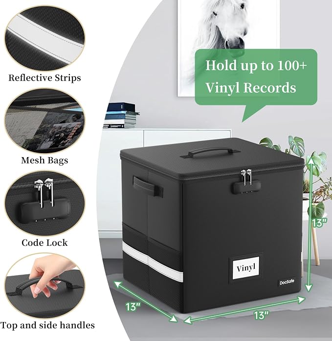 DocSafe Vinyl Record Storage Box with Lock,Fireproof Record Organizer Storage for 100+ Single Records(12-inch), Collapsible Storage Crate with Lid & Handles for Valuable Album Collection,Black,2 Pack - Image 3