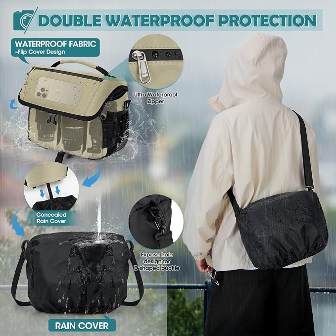 RAINSMORE Camera Bag, DSLR SLR Mirrorless Camera Case for Photographer | Waterproof Camera Sling Bag with Rain Cover & Tripod Holder Soft Padded Crossbody Camera Bag for Sony Canon Nikon Fujifilm - Image 5