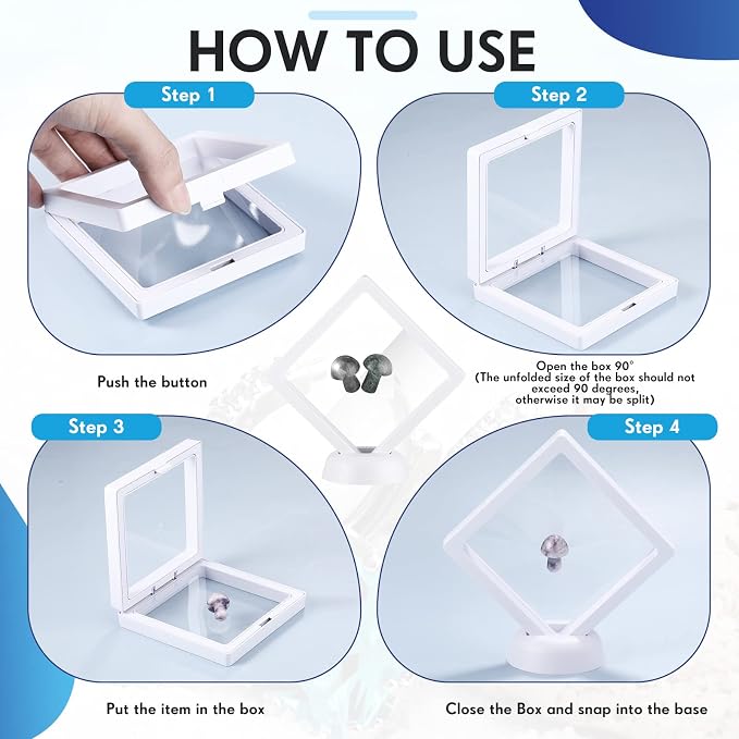 FairySandy 60 Pcs Floating Display Case Box, 3.5 Inch, White | 3D Floating Frames with PE Film for Challenge Coin, medal, Jewelry Storage Box, Small Display Holder, Stand Base Included - Image 3