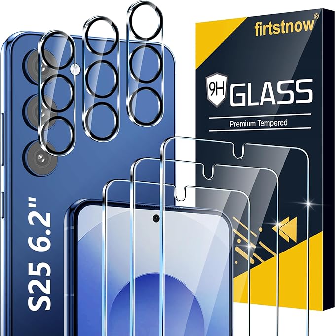firtstnow 3 Pack for Samsung Galaxy S25 Screen Protector Tempered Glass + 3 Pack Camera Lens Protector, Military Grade Shatterproof, 9H Hardness, Fingerprint Unlock, Case Friendly 6.2 Inch by Unknown
