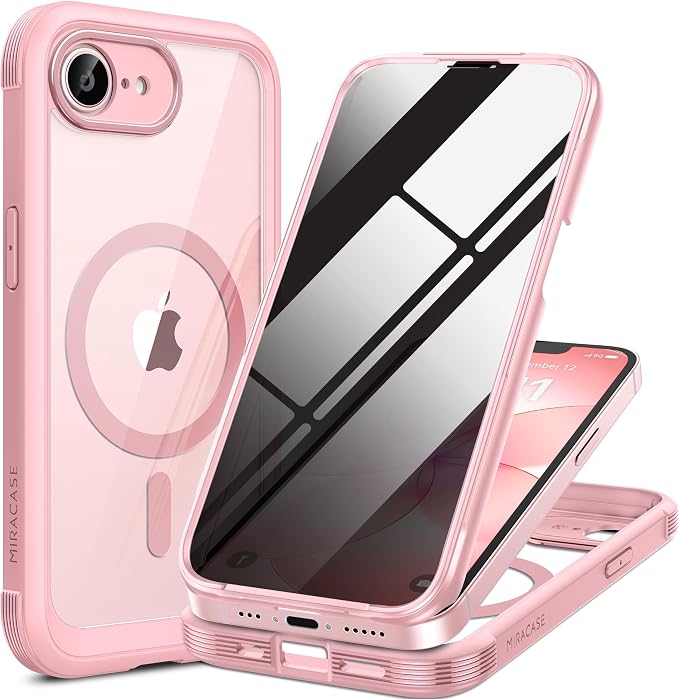 miracase for iPhone 17e & 16e Case with Built-in Private Screen Protector, [Magnetic with MagSafe] Full-Body Phone Cover Military Drop Proof 17 E/ 16 E Bumper 6.1 inch, Pink by Miracase
