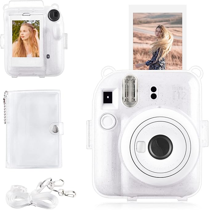 Rieibi Clear Case Compatible with Fuji Instax Mini 12 - Glitter Case Bag for Fujifilm Instax Mini 12 Instant Camera with Back Pocket, Strap and Photo Album - Glitter Clear by Rieibi