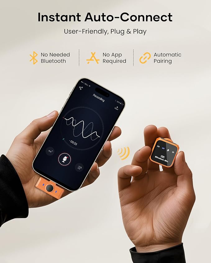 Wireless Lavalier Microphone for iPhone iPad Android with Charging Case 80h Battery Life, Noise Cancellation, 164ft Range Plug-Play Clip On Lapel Mic for YouTube, Video Recording, Vlog (Orange - Image 2