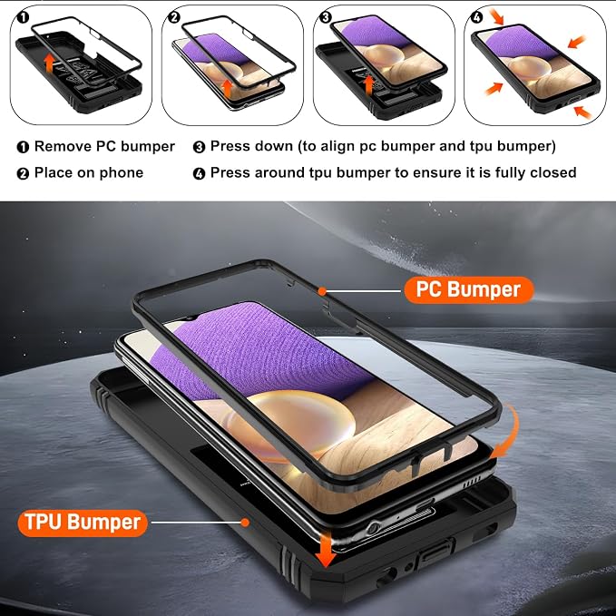 Gritup for Galaxy A32 5G Case Military-Grade Shockproof with Kickstand | with 2 PCS Screen Protector, Slide Camera Cover, Heavy Duty Outdoor Protection Full Body Funda para Galaxy A 32 Cover-Black - Image 4
