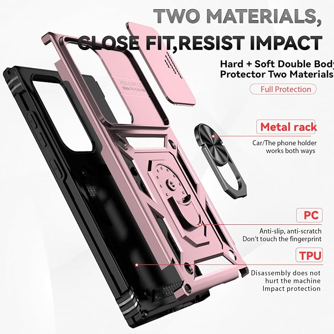 HNHYGETE for Samsung Galaxy S25 Ultra Case with Screen Protector: [Military Grade 20ft. Drop Tested] Slide Camera Cover Ring Shockproof Protective Phone Case for - Galaxy S25 Ultra (Rose Gold) - Image 5