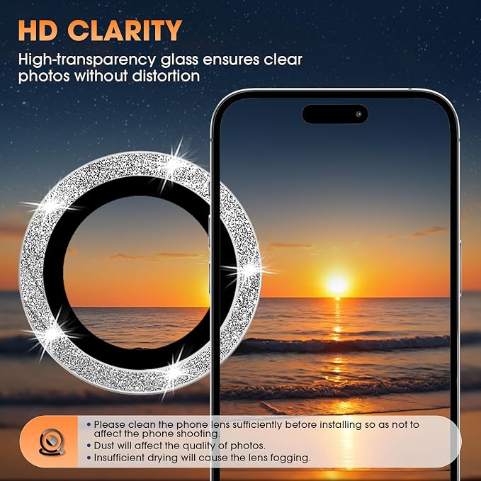 for iPhone 16 Pro/16 Pro Max Camera Lens Protector Glitter, Silver | Individual Metal, 9H Hardness, Scratch Resistant, Shockproof, Drop Protection, Case Friendly, Stylish Accessories - Image 3