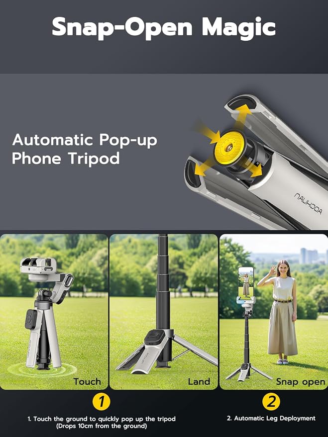 AOCHUAN 360° Rotation Gimbal Stabilizer for iPhone w/14.2" Extension Rod | Wireless Remote Face/Object Tracking Gimbal, 4 in 1 Phone Gimbal w/One-Touch Open Tripod for TikTok-M3 Promini White - Image 3