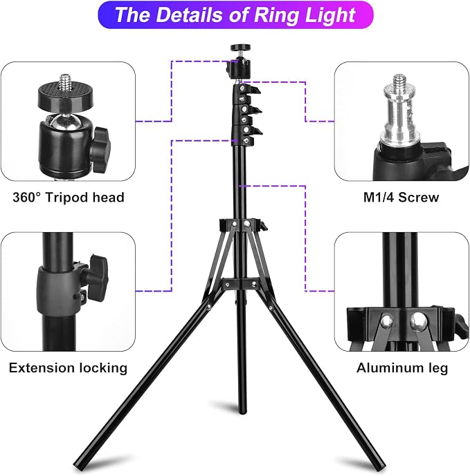 13.3"Ring Light with Music Mode, 75"Tripod and Desk Stand, 2 Phone Holders | Ring Light with Stand/Wireless Remote/3 CCT Mode & 96 RGB Color Modes for TikTok/ iPhone/LiveStream/Makeup/YouTube - Image 9